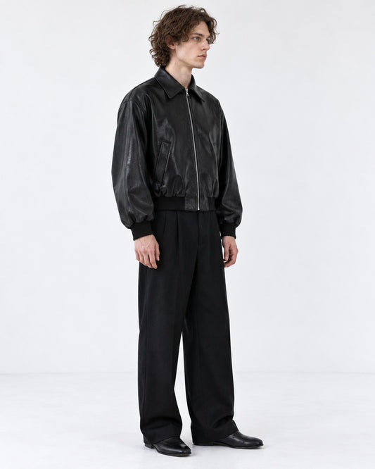 Boxy Shoulder-Pad Leather Bomber