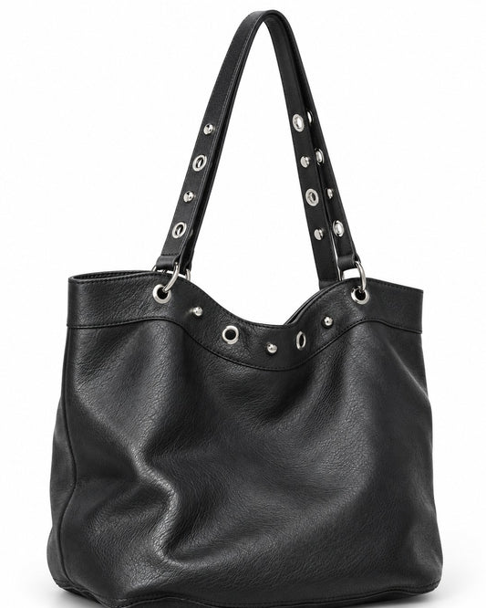 Eyelet Trim Black Bucket Tote Bag