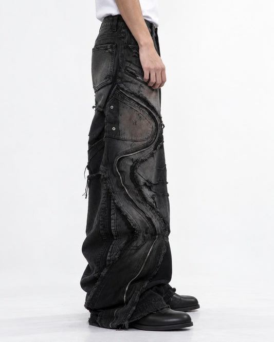 Wavy Panel Frayed Zip Jeans