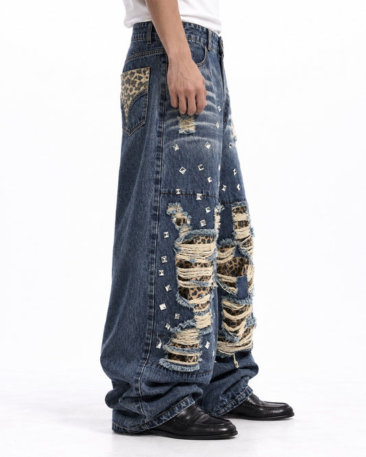 Leopard Patchwork Ripped Jeans