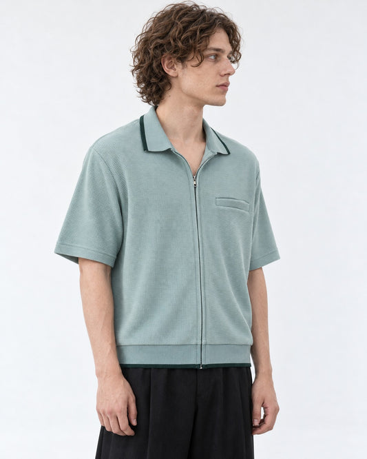 Waffle Knit Zip-Up Short Sleeve Shirt with Contrast Trim
