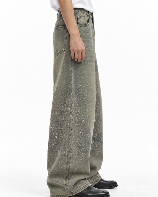 Rhinestone Faded Wide-Leg Jeans