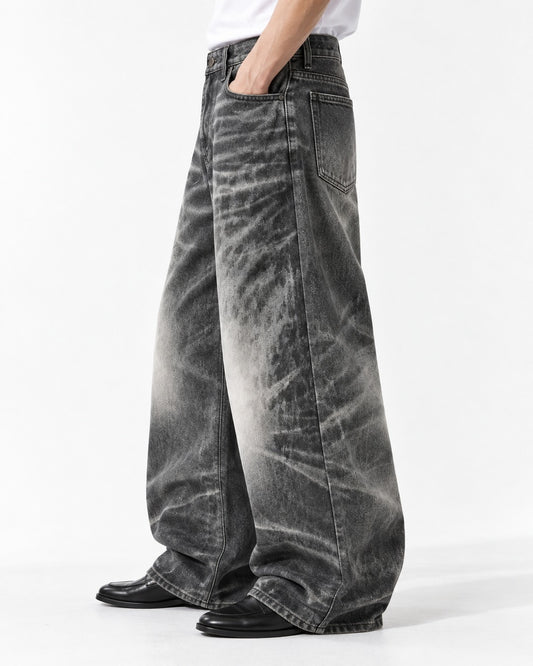 Whiskered Faded Wide-Leg Jeans