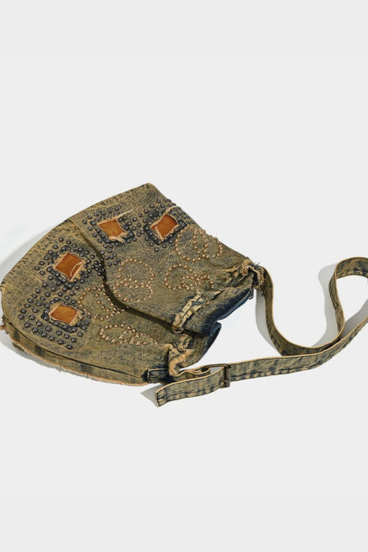 Studded Washed Denim Shoulder Bag