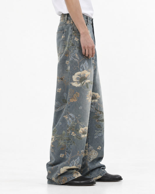 Floral Print Washed Wide-Leg Jeans