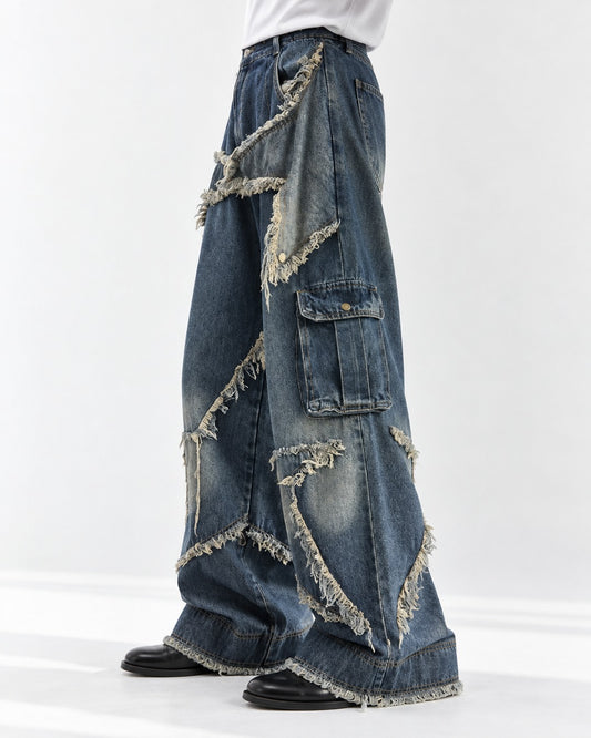 Star Patch Frayed Cargo Wide-Leg Jeans