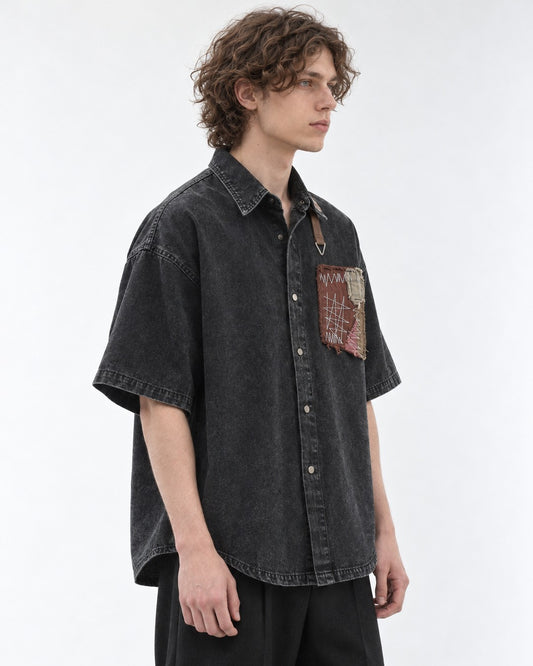 Washed Denim Patchwork Short-Sleeve Shirt