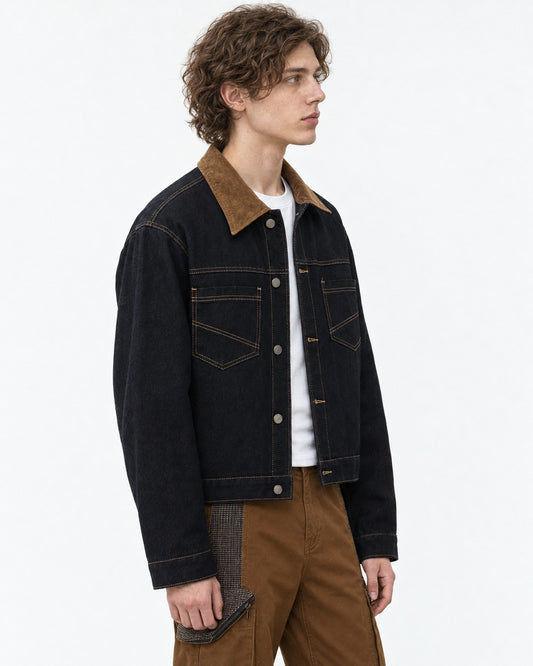 Corduroy Collar Denim Jacket and Cargo Pants Set