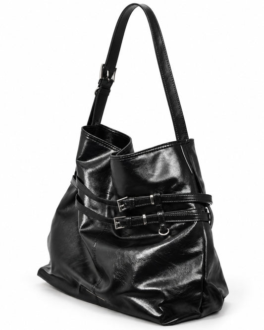 Glossy Black Buckle Strap Shoulder Bag