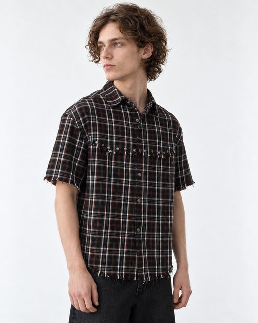 Studded Raw-Hem Plaid Shirt
