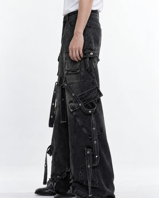 Strap Detail Frayed Hem Jeans