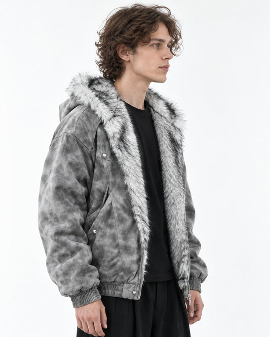 Mottled Grey Faux-Fur Lined Hooded Jacket
