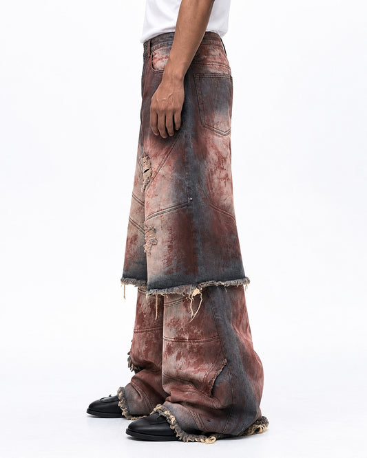 Rust Washed Layered Hem Jeans