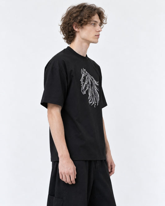 Horse Head Embroidered Mock-Neck T-Shirt
