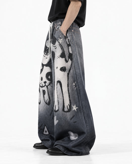 Cat Graphic Gradient Wide-Leg Jeans