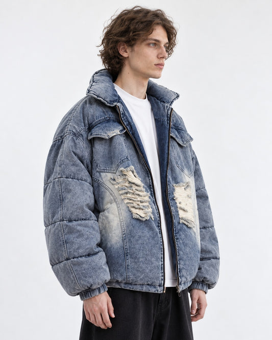 Ripped Patch Denim Puffer Jacket