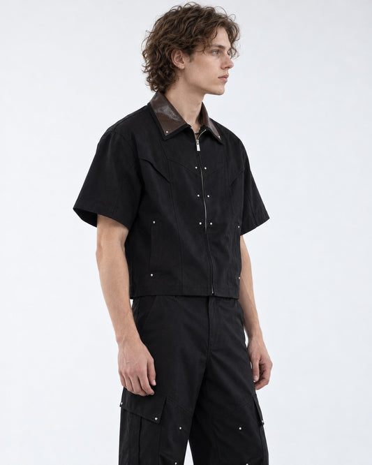 Brown Collar Studded Zip Shirt and Cargo Pants Set