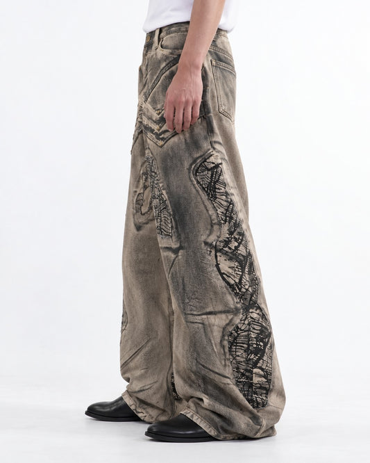 Scribble Patch Chevron Wide-Leg Jeans