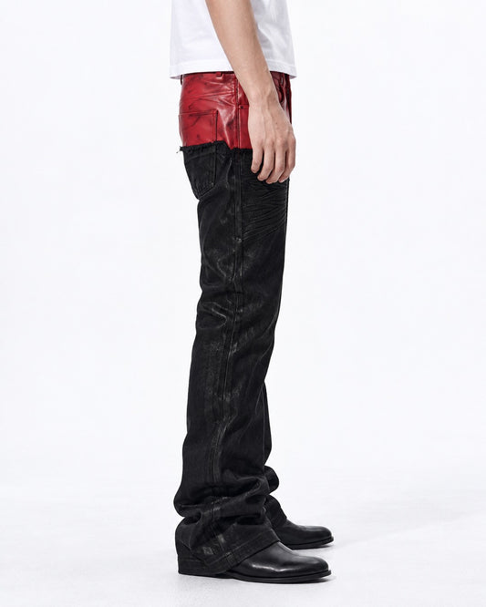 Red Panel Waist Coated Flared Jeans