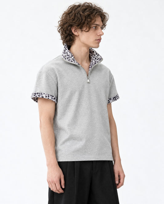 Leopard Collar Half-Zip Top