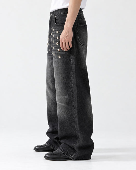 Studded Distressed Wide Jeans
