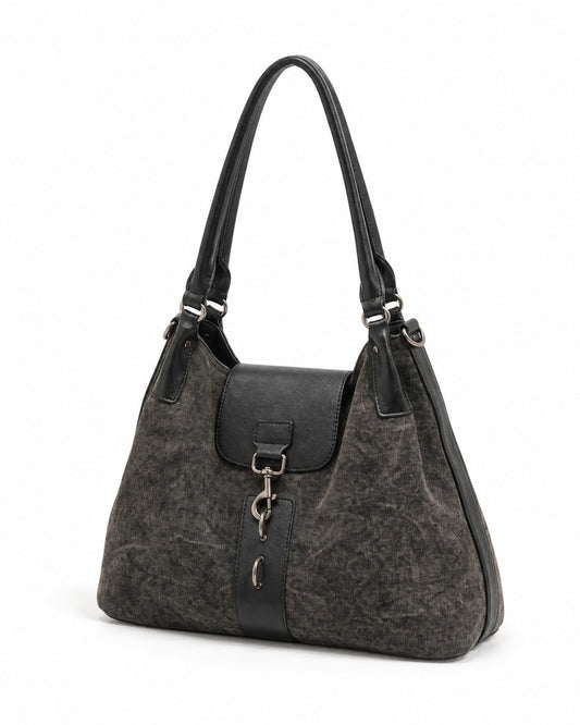 Distressed Canvas Hobo Bag with Black Flap
