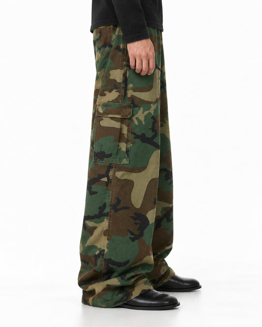 Woodland Camouflage Wide-Leg Cargo Pants