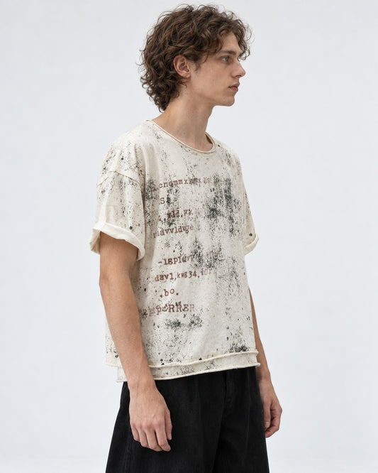 Distressed Stencil Print Raw-Cut Top