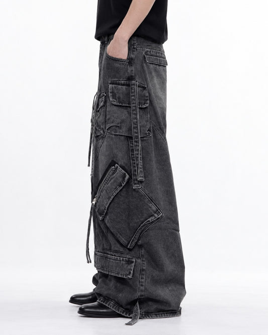Strap Pocket Washed Wide-Leg Jeans