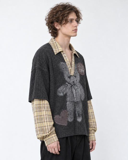 Layered Plaid-Trim Bear Graphic Knit Top