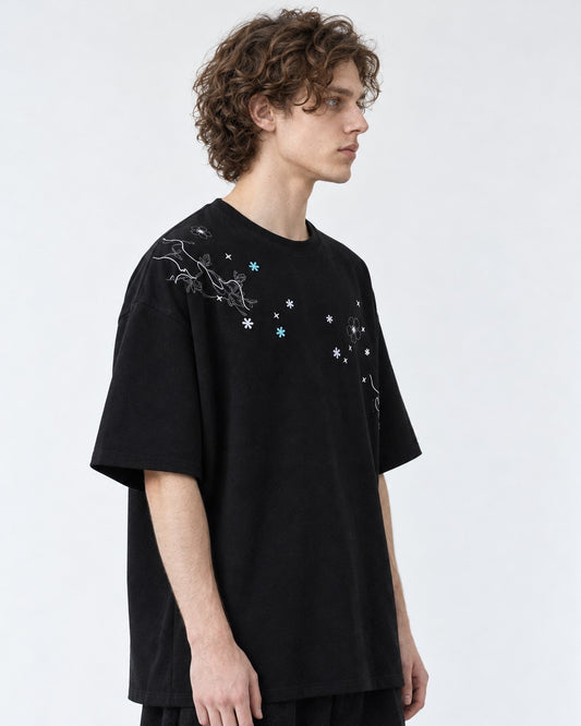 Floral-Embroidered Oversized Tee