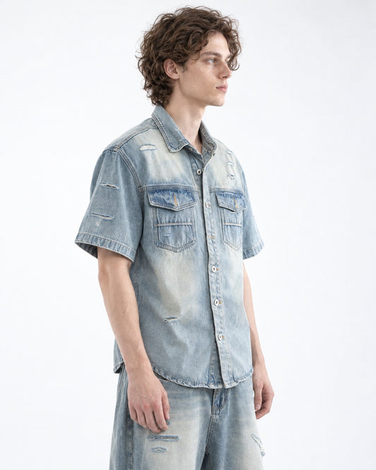 Distressed Washed Denim Shirt and Jeans Set-Up