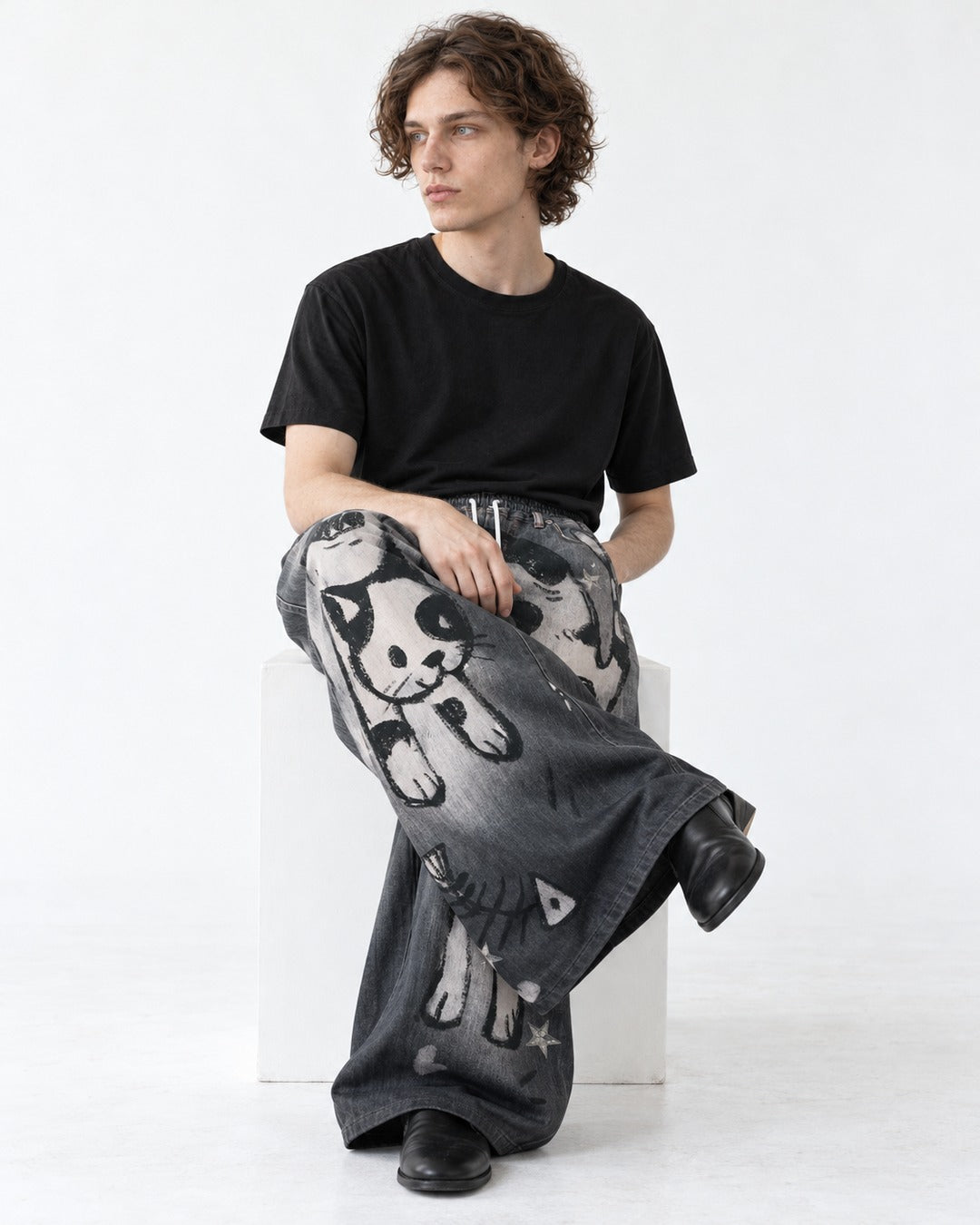 Cat Graphic Gradient Wide-Leg Jeans