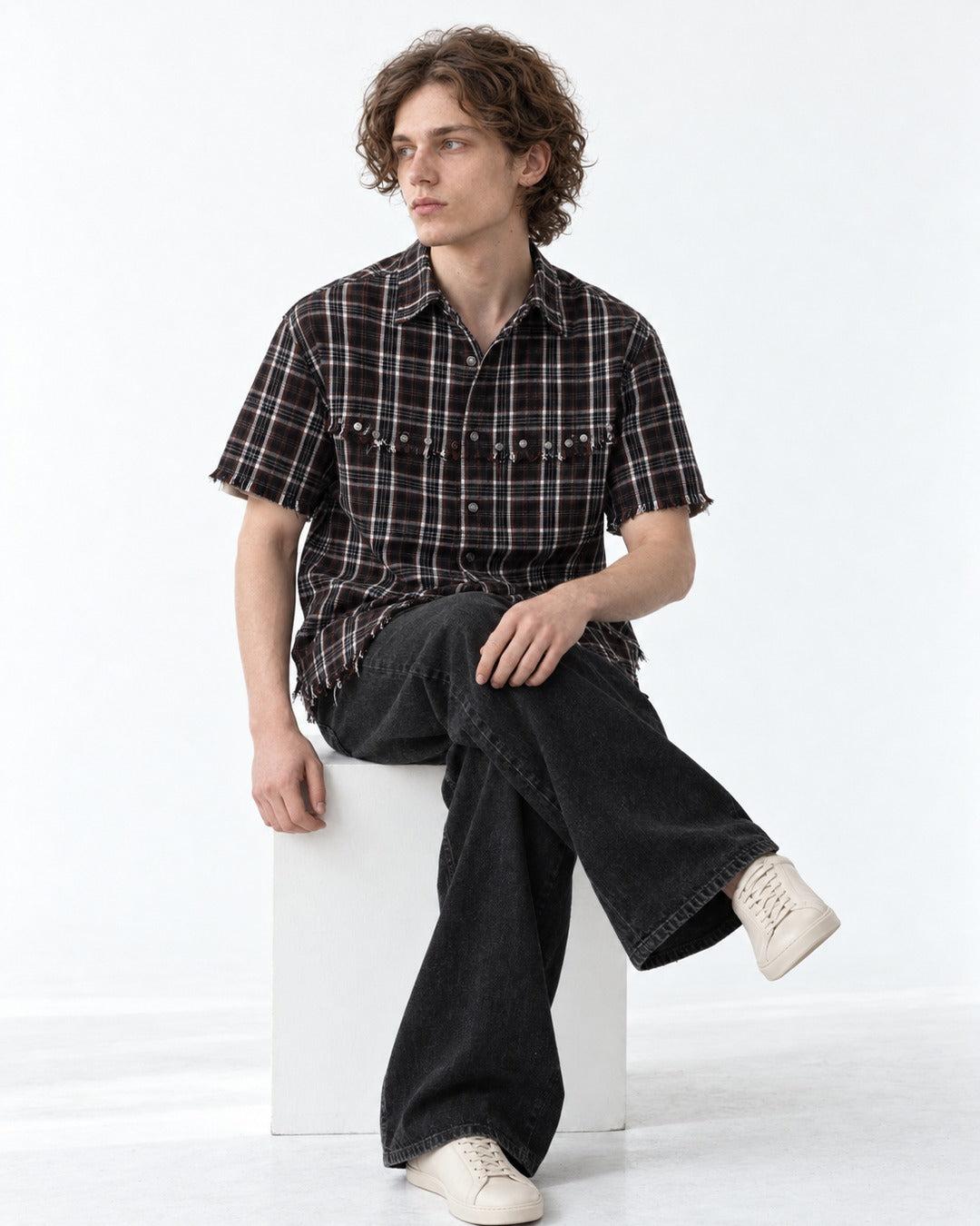 Studded Raw-Hem Plaid Shirt