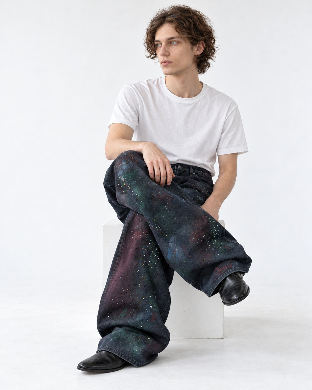 Cosmic Splatter Wide-Leg Jeans with Speckle Detail