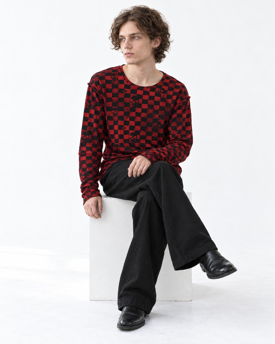 Red and Black Checkerboard Long Sleeve T-Shirt
