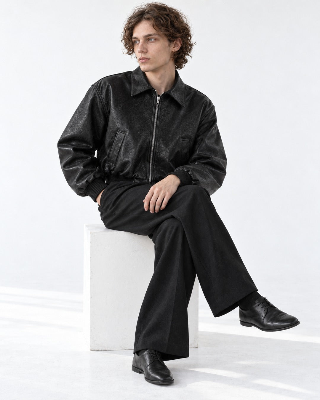 Boxy Shoulder-Pad Leather Bomber