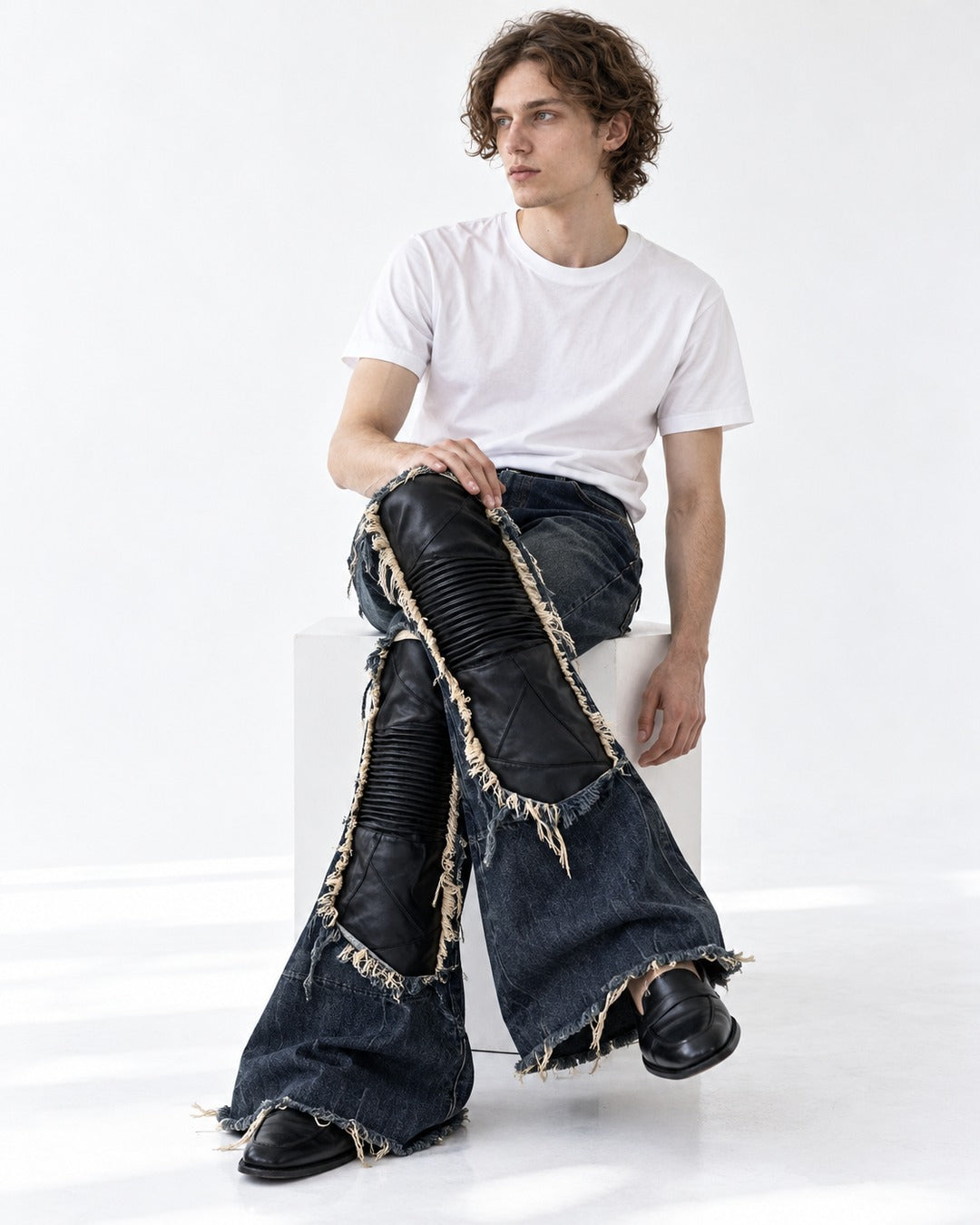 Leather Knee Patch Flared Jeans