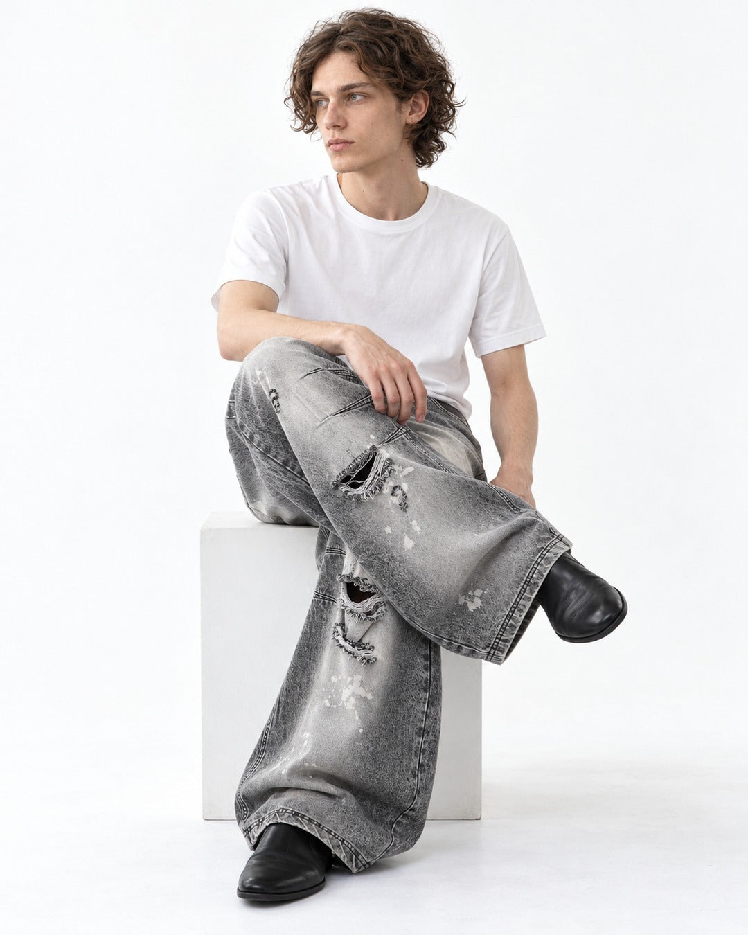 Gray Acid-Wash Ripped Wide-Leg Jeans