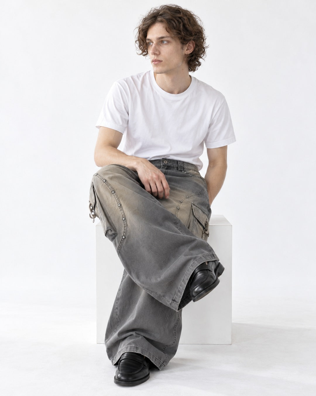 Studded Seam Faded Cargo Jeans