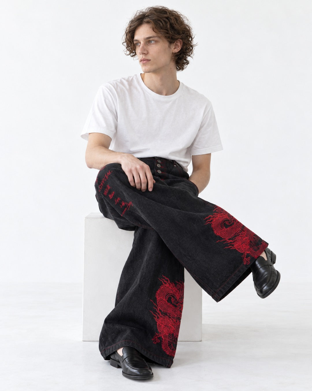 Red Dragon Embroidered Denim Pants