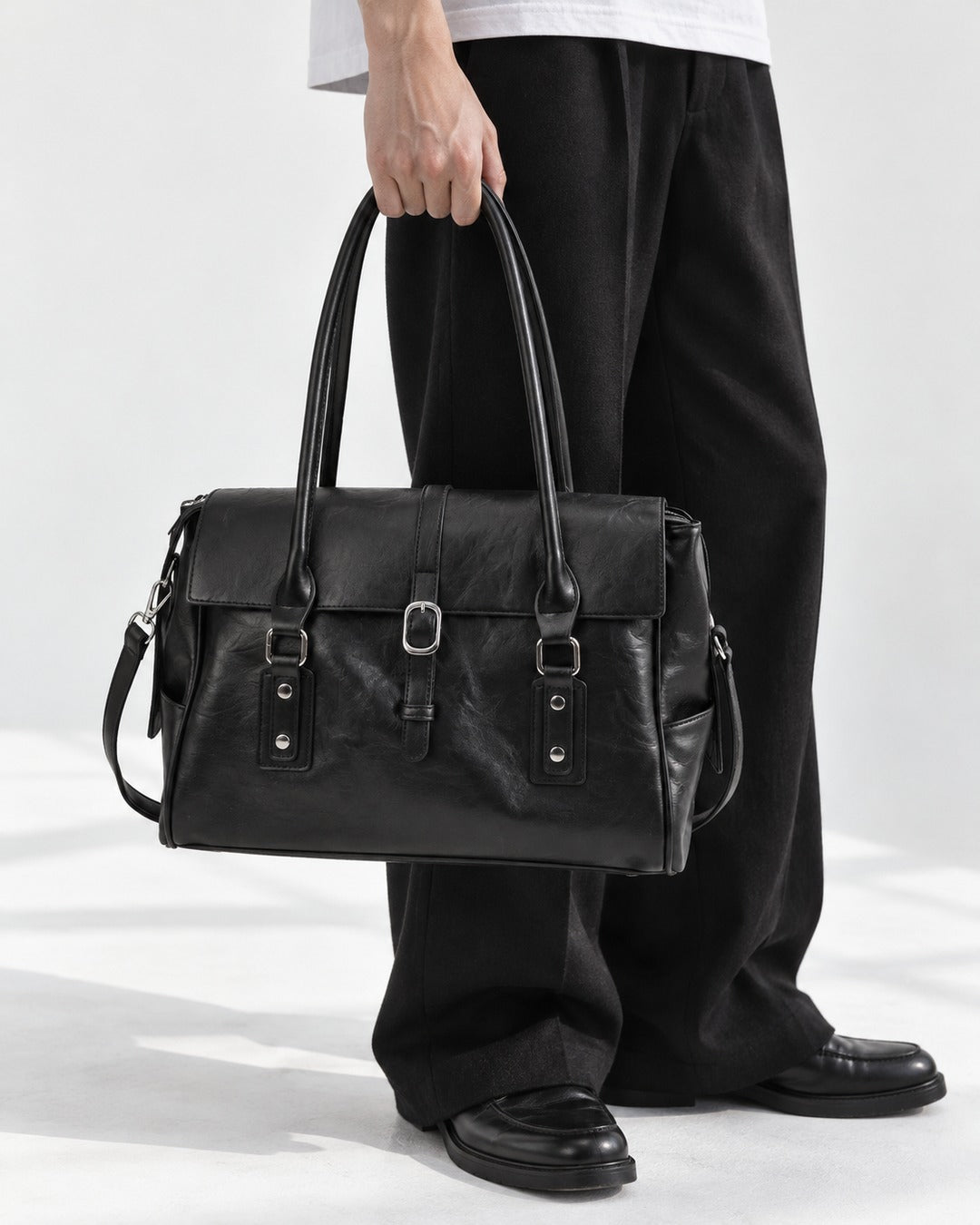Black Double Buckle Flap Shoulder Bag