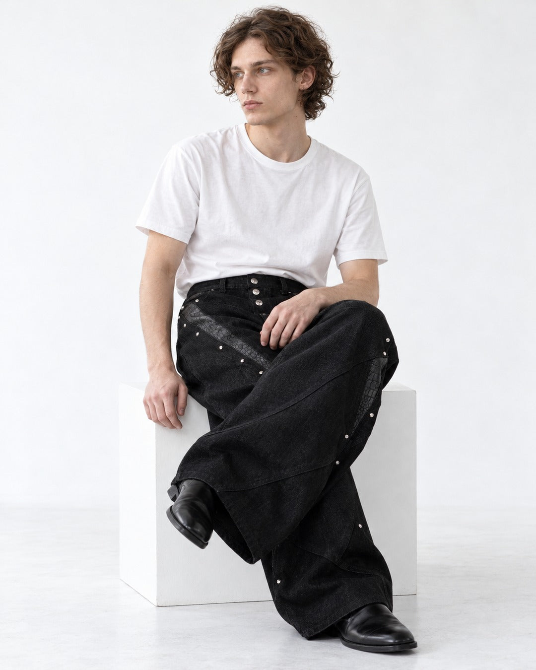 Snake Texture Panel Studded Jeans