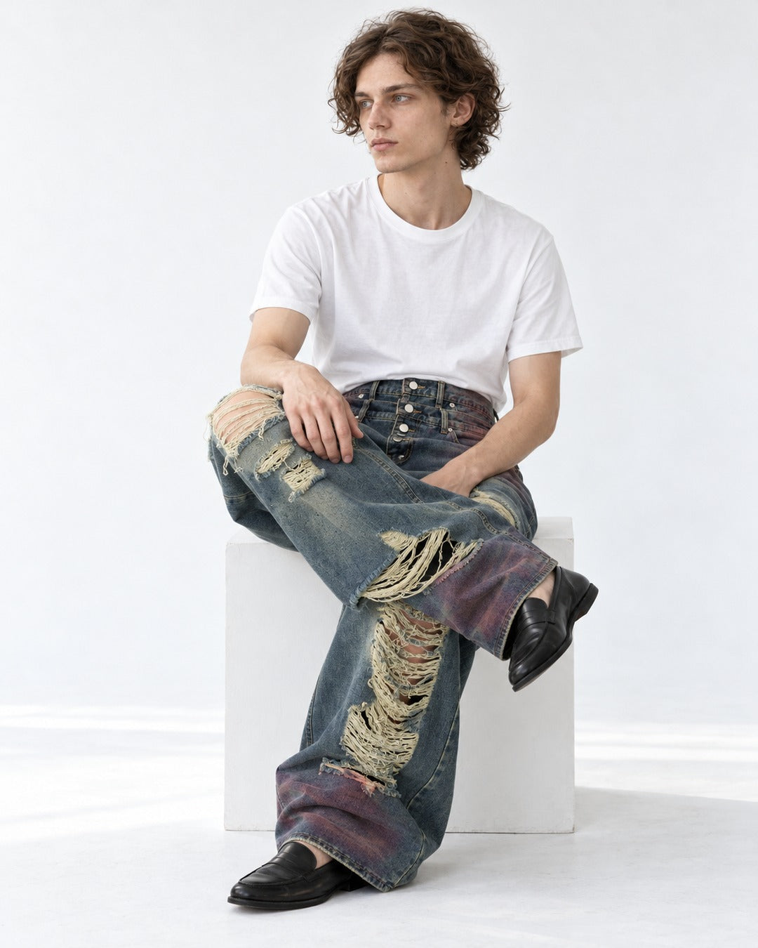 Distressed Double-Waistband Jeans