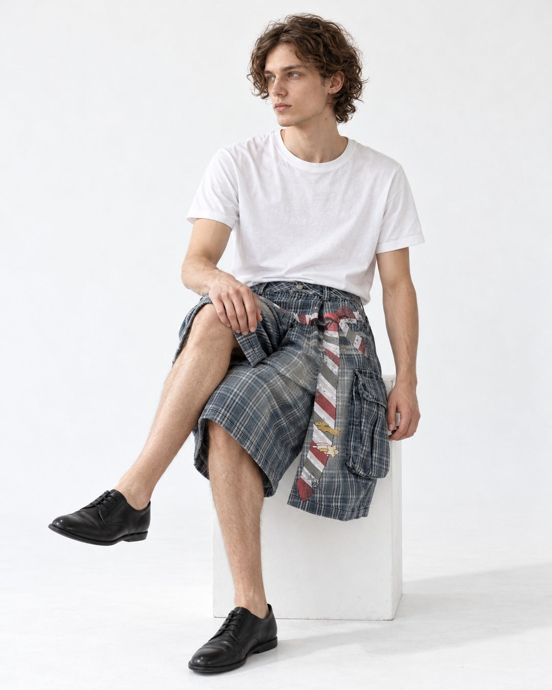 Washed Plaid Cargo Shorts with Tie Detail