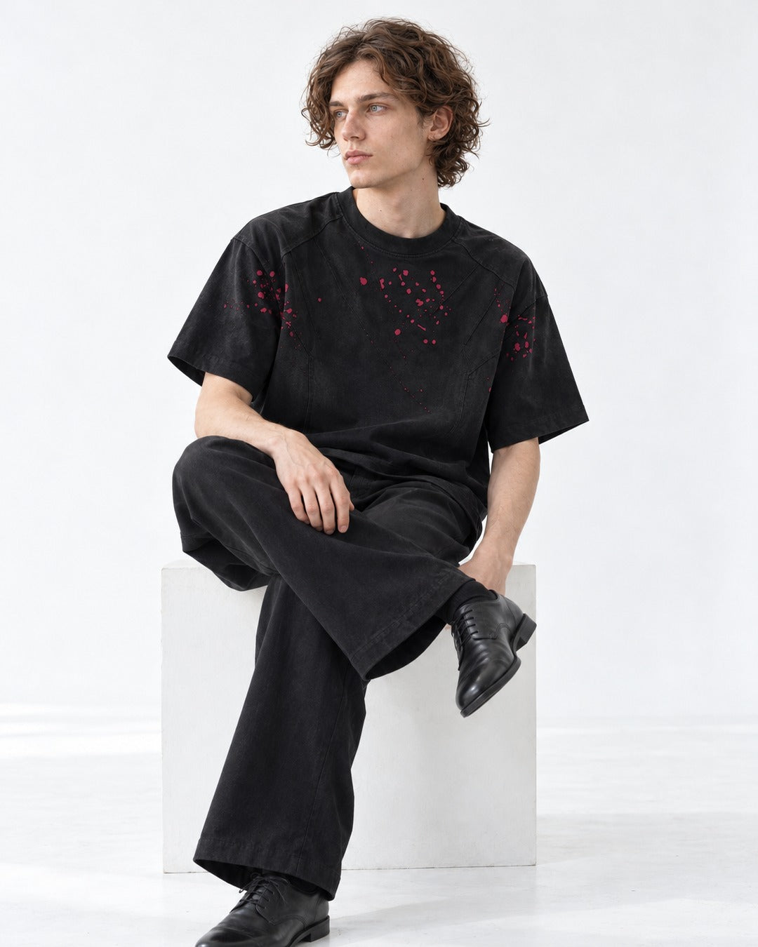 Red Splatter Seamed Black T-Shirt