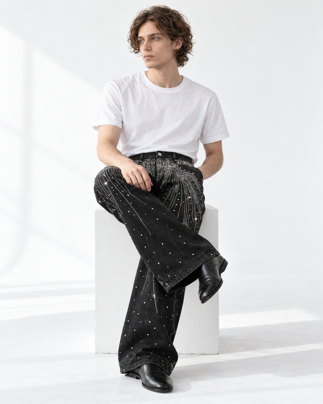 Rhinestone Burst Wide-Leg Black Jeans