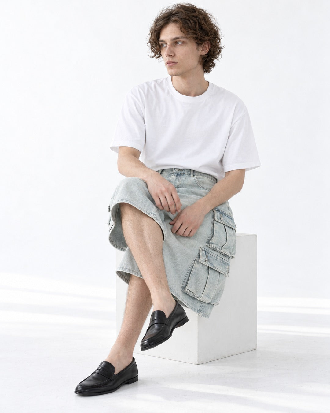 Washed Denim Double Flap Cargo Shorts