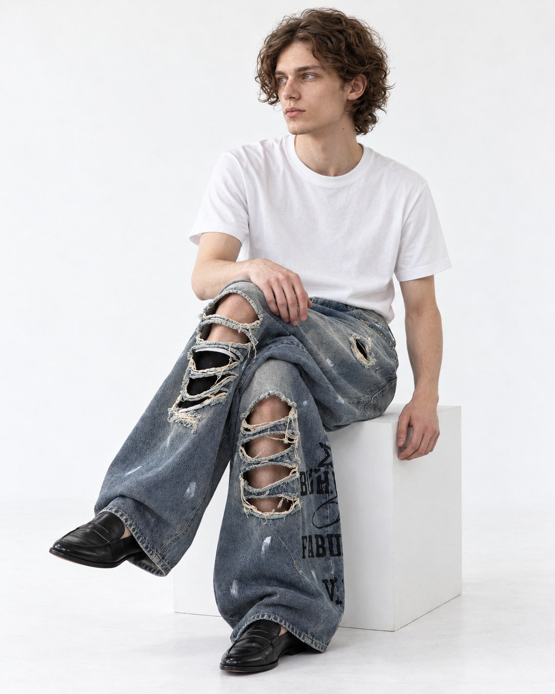 Letter Print Distressed Wide Leg Jeans