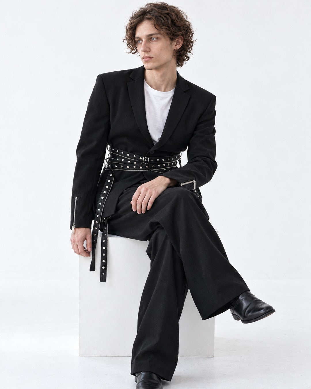 Black Rivet Strap Blazer Jacket and Pants Set-Up